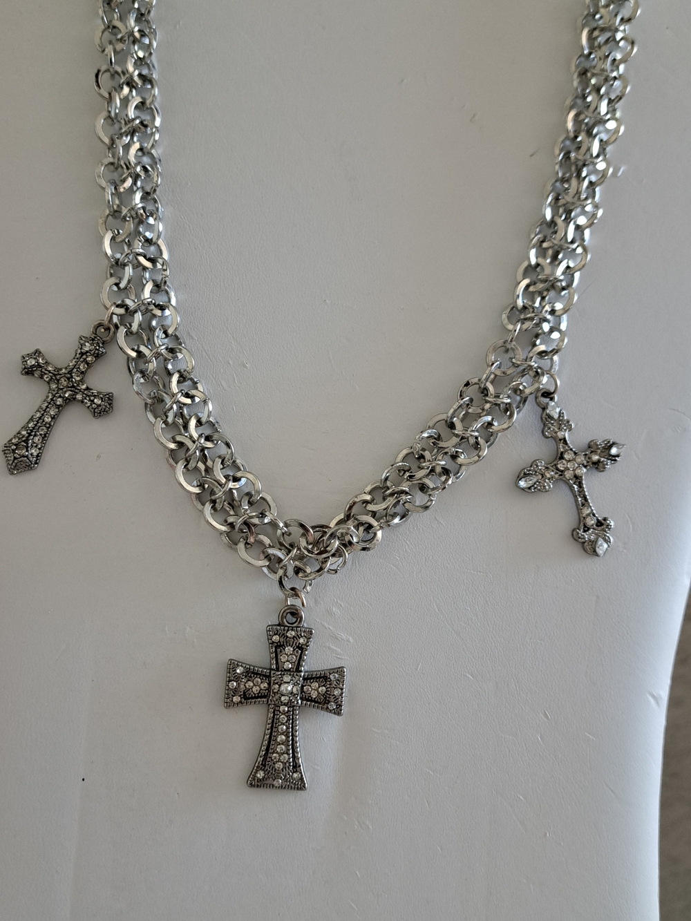 Silver-Tone Cross Pendant Layered Chain Necklace - Women